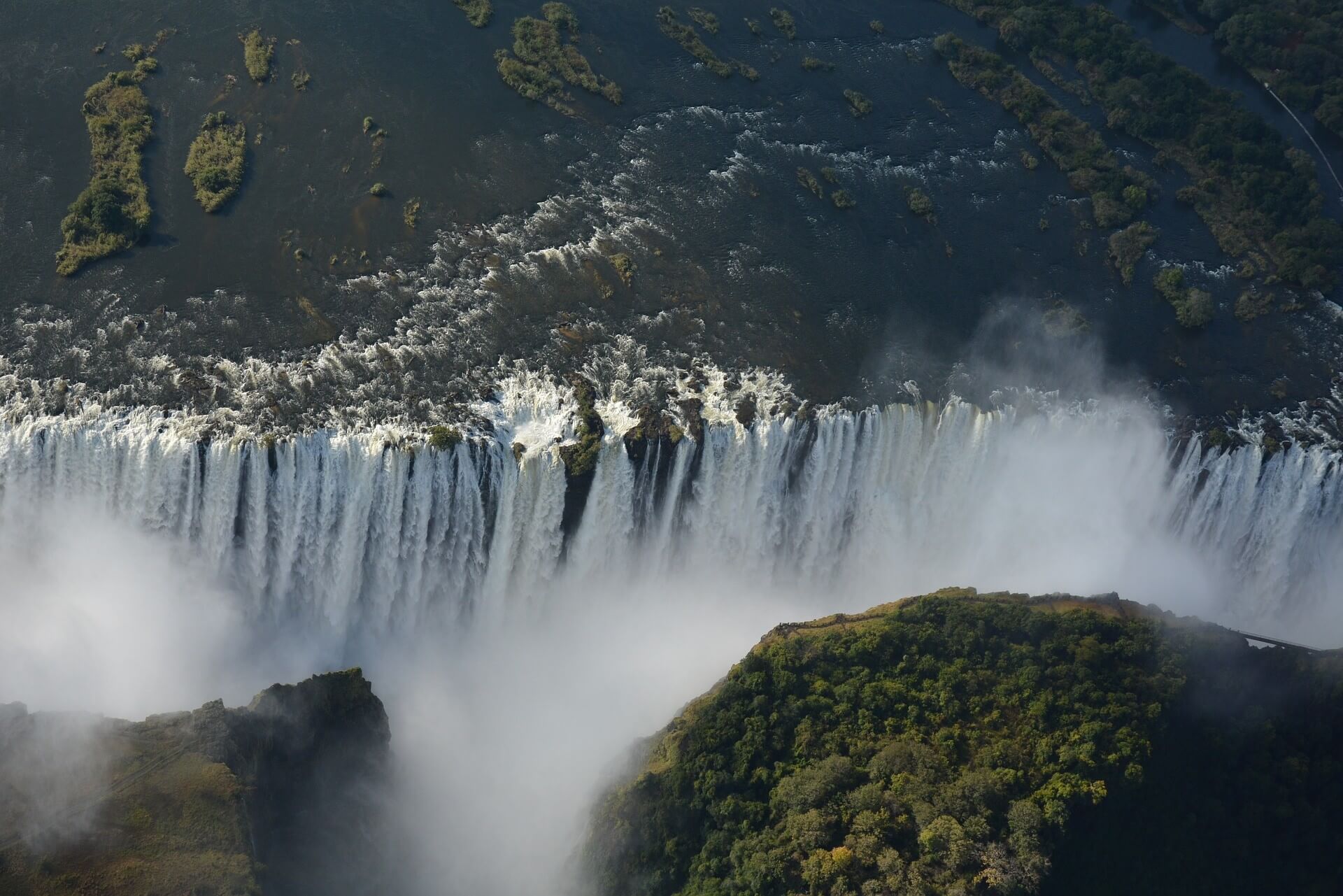 Drone shot of water gushing down in Victoria Falls