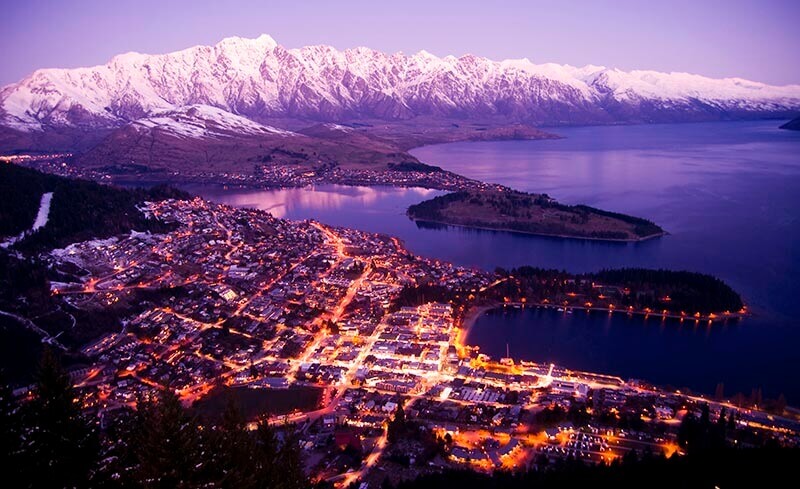 Aerial view of sunset in Queenstown, New Zealand