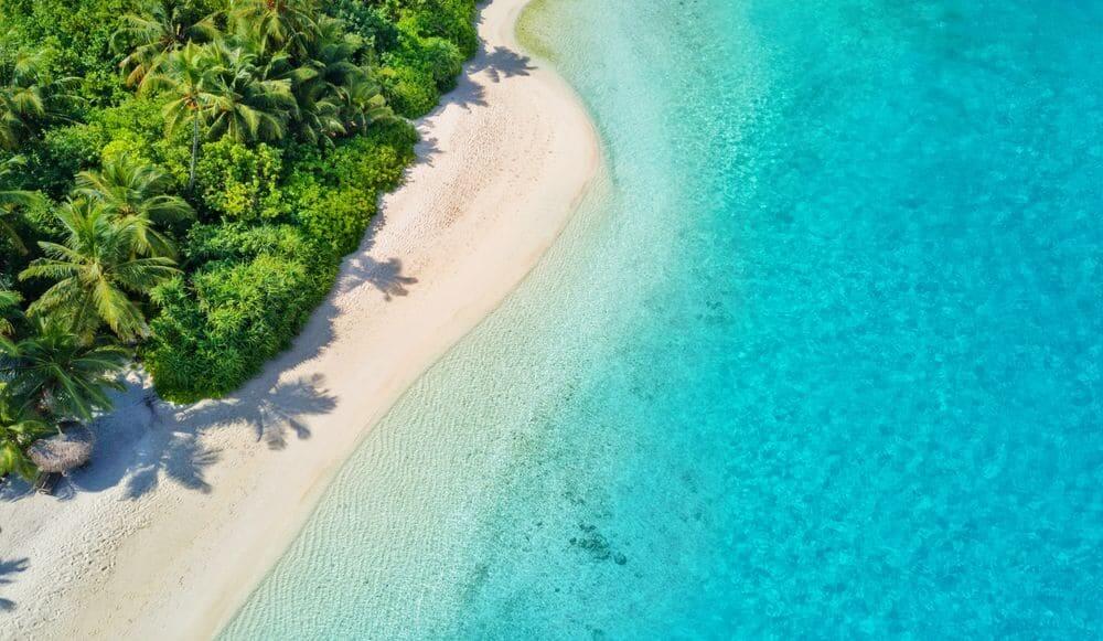 aerial view of sparkling blue water and lush palm fringed beach maldives island